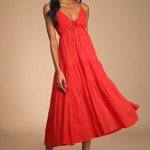 Lulu's Red Tiered Spaghetti-Strap Midi Dress